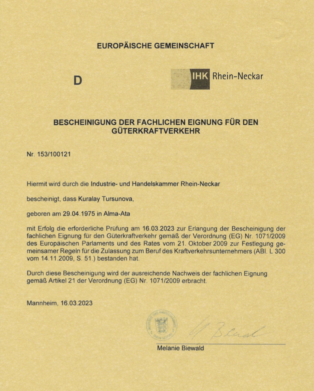 Zertifikat: IHK-Fachkundeprüfung Güterkraftverkehr – Kuralay Tursunova (IHK Rhein-Neckar)